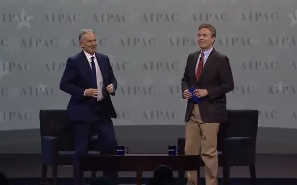 Former British prime minister Tony Blair (L) addresses the annual AIPAC convention on March 26, 2017 (YouTube screenshot)
