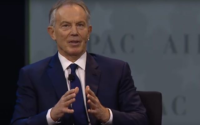 Tony Blair speaking at the AIPAC Policy Conference in Washington, March 26, 2017. (screen capture: YouTube) Tony Blair speaking at the AIPAC Policy Conference in Washington, March 26, 2017. (screen capture: YouTube)