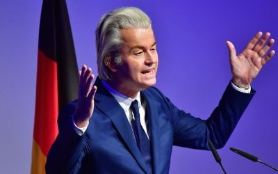 Geert Wilders, leader of the Dutch PVV political party speaks at a conference of European right-wing parties on January 21, 2017 in Koblenz, Germany. (Thomas Lohnes/Getty Images via JTA)