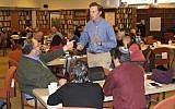 Rabbi Ethan Tucker, a co-founder of Hadar, speaking with rabbis during a seminar at the New York yeshiva, March 1, 2017. (JTA/Ben Sales)