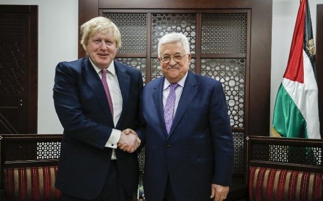 British Foreign Secretary Boris Johnson shakes hands with Palestinian President Mahmoud Abbas during their meeting in the West Bank city of Ramallah on March 8, 2017. (AFP Photo/Abbas Momani) British Foreign Secretary Boris Johnson shakes hands with Palestinian President Mahmoud Abbas during their meeting in the West Bank city of Ramallah on March 8, 2017. (AFP Photo/Abbas Momani)