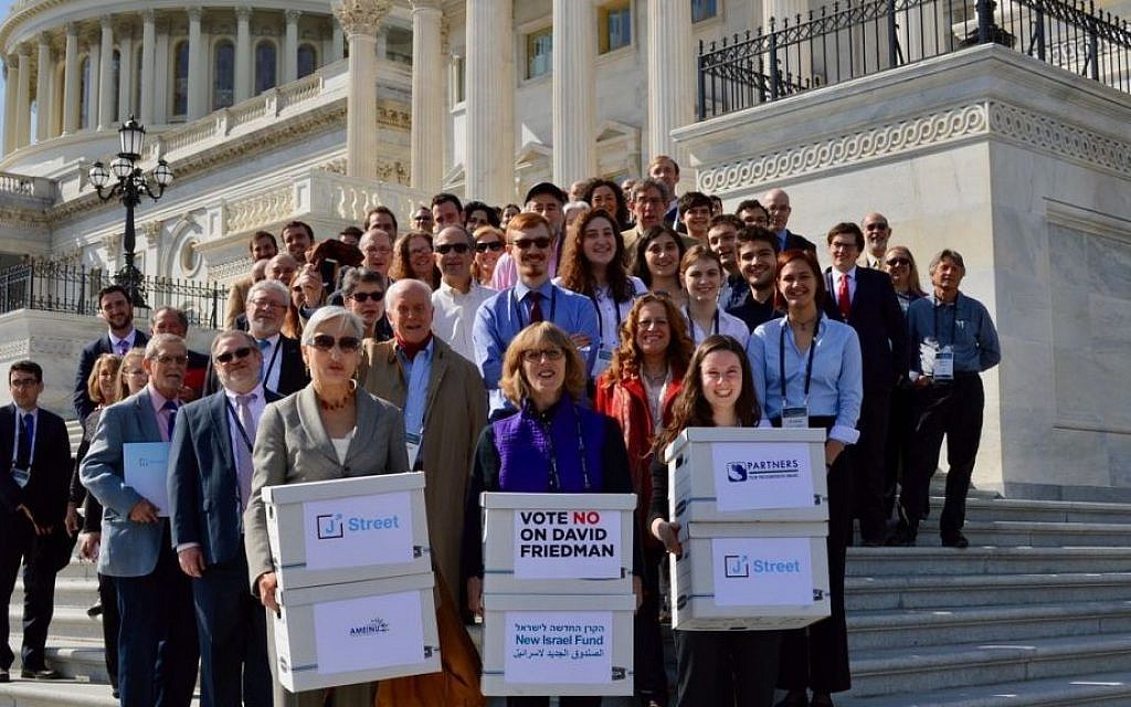 A sign of the polarization of American Jewry: J Street activists deliver a petition to the US Senate opposing the nomination of David Friedman as ambassador to Israel, February 28, 2017. (J Street/JTA) A sign of the polarization of American Jewry: J Street activists deliver a petition to the US Senate opposing the nomination of David Friedman as ambassador to Israel, February 28, 2017. (J Street/JTA)