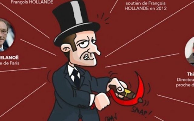 An apparently anti-Semitic cartoon published by the French Republican party on March 10, 2017. (Screenshot from Twitter) An apparently anti-Semitic cartoon published by the French Republican party on March 10, 2017. (Screenshot from Twitter)