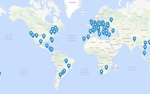 Map showing most of the worldwide locations where the Jewish Connection project Purim gift bags were distributed by Israeli travelers, March 2017. (Google Maps)