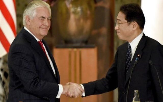 U.S. Secretary of State Rex Tillerson, left, shakes hands with his Japanese counterpart Fumio Kishida at the end of a joint press conference after their talks at the Iikura Guesthouse in Tokyo Thursday, March 16, 2017. (Toru Yamanaka/Pool Photo via AP) U.S. Secretary of State Rex Tillerson, left, shakes hands with his Japanese counterpart Fumio Kishida at the end of a joint press conference after their talks at the Iikura Guesthouse in Tokyo Thursday, March 16, 2017. (Toru Yamanaka/Pool Photo via AP)