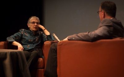 Melanie Phillips is interviewed by Matthew Kalman at a Times of Israel event in Jerusalem, March 26, 2017. (Luke Tress/Times of Israel)