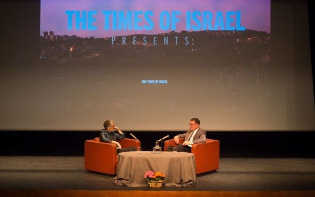 Melanie Phillips is interviewed by Matthew Kalman at a Times of Israel event in Jerusalem, March 26, 2017. (Luke Tress/Times of Israel)