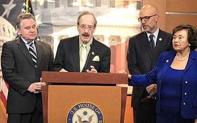 Illustrative image of members of the House of Representative's Bipartisan Task Force for Combating Anti-Semitism on Capitol Hill on March 2, 2017. (Eric Cortellessa/Times of Israel)