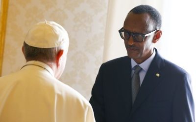 Pope Francis welcomes Rwanda's President Paul Kagame during a private audience at the Vatican, March 20, 2017. (Tony Gentile/Pool photo via AP)