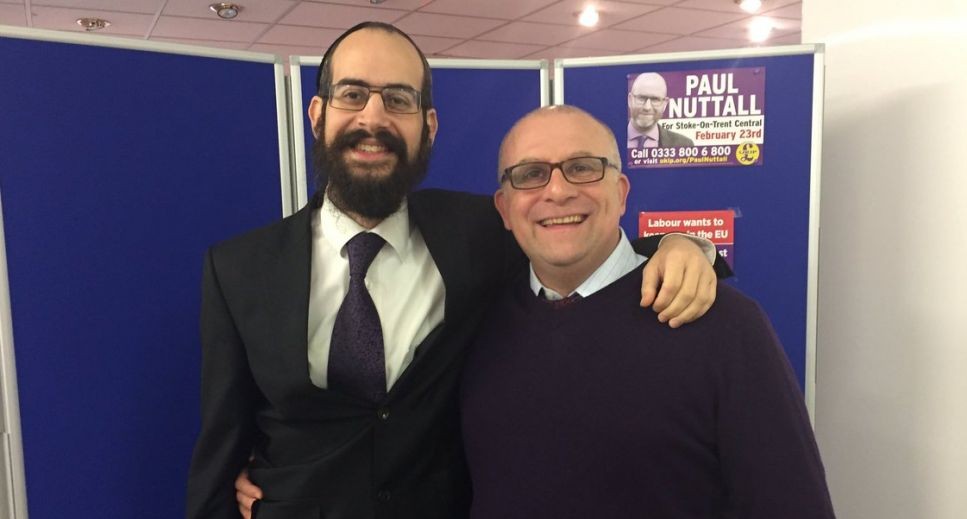 Shneur Odze, left, and UKIP Parliament member Jonathan Arnot in Manchester, 2013. (Courtesy of Odze/via JTA) Shneur Odze, left, and UKIP Parliament member Jonathan Arnot in Manchester, 2013. (Courtesy of Odze/via JTA)