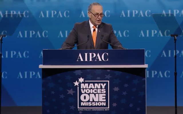 Senate Minority Leader Chuck Schumer, a Democrat from New York, speaks at AIPAC's 2017 Policy Conference at the Washington Convention Center on March 28, 2017. (Screen capture) Senate Minority Leader Chuck Schumer, a Democrat from New York, speaks at AIPAC's 2017 Policy Conference at the Washington Convention Center on March 28, 2017. (Screen capture)