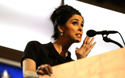 Sarah Silverman speaking on the opening day of the Democratic National Convention in Philadelphia, July 25, 2016. (Joe Raedle/Getty Images via JTA)