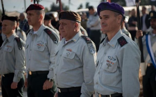 IDF Chief of Staff Lt. Gen. Gadi Eisenkot (C) stands next to Maj. Gen Yoel Strick (R) at the headquarters of the Northern Command in Tzfat on March 19, 2017. (IDF spokesperson) IDF Chief of Staff Lt. Gen. Gadi Eisenkot (C) stands next to Maj. Gen Yoel Strick (R) at the headquarters of the Northern Command in Tzfat on March 19, 2017. (IDF spokesperson)