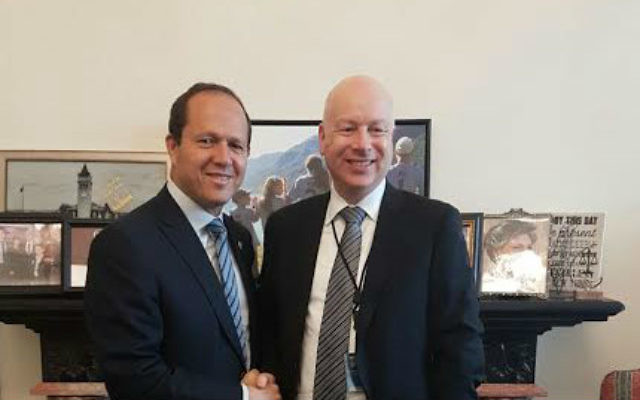 Then-Jerusalem Mayor Nir Barkat and US President Donald Trump’s Special Envoy for International Negotiations Jason Greenblatt during a meeting at the White House, March 25, 2017 (Courtesy of the Jerusalem Municipality) Then-Jerusalem Mayor Nir Barkat and US President Donald Trump’s Special Envoy for International Negotiations Jason Greenblatt during a meeting at the White House, March 25, 2017 (Courtesy of the Jerusalem Municipality)