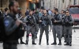 Israeli security forces stand guard at the site of a stabbing attack in Jerusalem's Old City on April 1, 2017. (AFP/Thomas COEX)