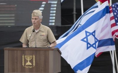 US Vice Admiral James Syring, director of the US Missile Defense Agency, speaks at the unveiling of the David's Sling missile defense system at the Hatzor Air Force base on April 2, 2017. (AFP Photo/Jack Guez)