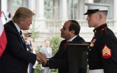 US President Donald Trump (L) greets his Egyptian counterpart Abdel Fattah el-Sissi at the White House in Washington, DC, April 3, 2017. (AFP/Nicholas Kamm)