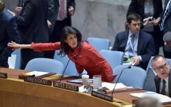 US Ambassador to the UN and current UN Security Council president, Nikki Haley, arrives for a United Nations Security Council meeting on Syria, at the UN headquarters in New York on April 7, 2017.  (AFP/Jewel SAMAD)