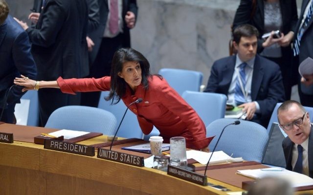US Ambassador to the UN and current UN Security Council president, Nikki Haley, arrives for a United Nations Security Council meeting on Syria, at the UN headquarters in New York on April 7, 2017. (AFP/Jewel SAMAD) US Ambassador to the UN and current UN Security Council president, Nikki Haley, arrives for a United Nations Security Council meeting on Syria, at the UN headquarters in New York on April 7, 2017. (AFP/Jewel SAMAD)