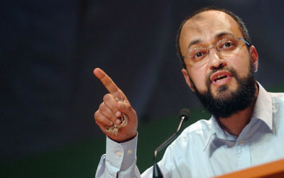This file photo taken on April 14, 2007 shows Hani Ramadan, the director of the Islamic Center in Geneva, delivering a speech during the annual meeting of Muslims in France, in Le Bourget, north of Paris. (Jean Ayissi/AFP)