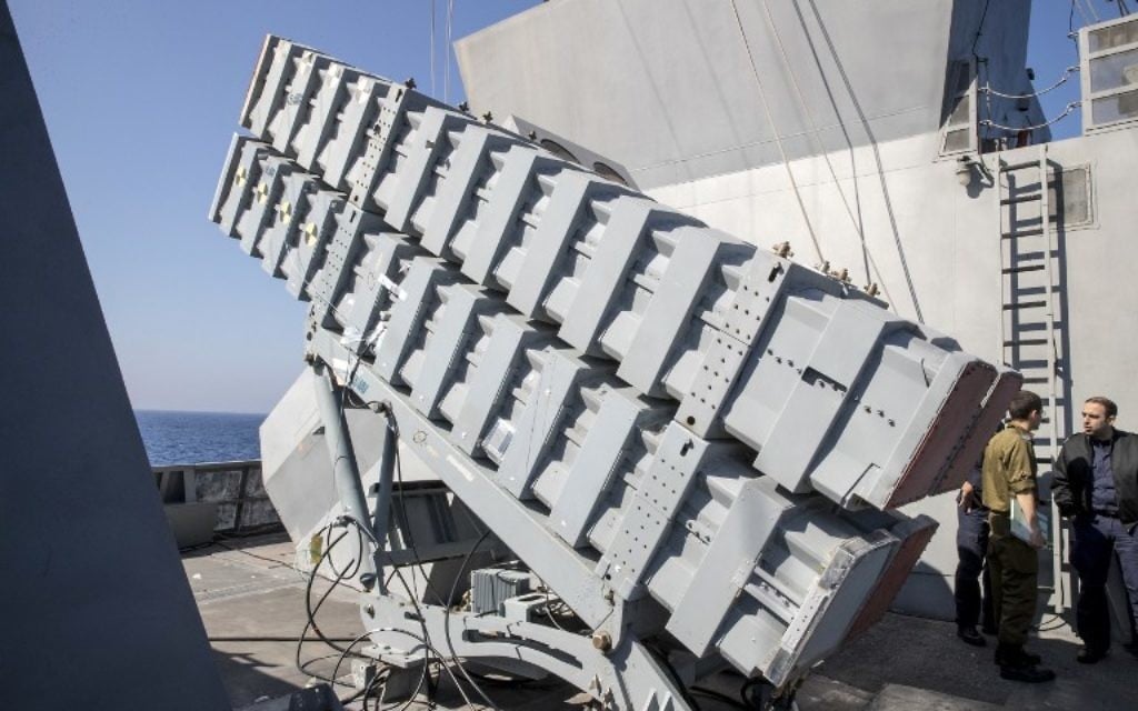 Missile boxes "Gabriel" are seen onboard the Israeli vessel Saar 5 Class Corvette "INS Hanit" during the "Novel Dina 17" training session in the Mediterranean Sea on April 4, 2017.( AFP PHOTO / JACK GUEZ)