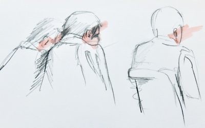 An artist's impression made and released on April 11, 2017, shows Uzbek national Rakhmat Akilov (C) together with his defense counsel during his remand hearing in the Stockholm District Court. (AFP Photo/TT News Agency/Johan Hallnas)