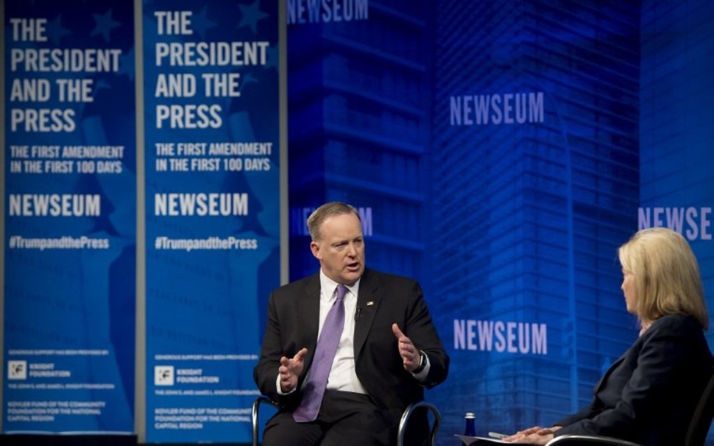 White House Press Secretary Sean Spicer speaks during "The President and the Press: The First Amendment in the First 100 Days" forum at the Newseum in Washington, DC, April 12, 2017. (AFP Photo/Saul Loeb)