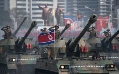 Korean People's Army (KPA) tanks are displayed during a military parade marking the 105th anniversary of the birth of late North Korean leader Kim Il-Sung in Pyongyang on April 15, 2017. (AFP/Ed Jones)