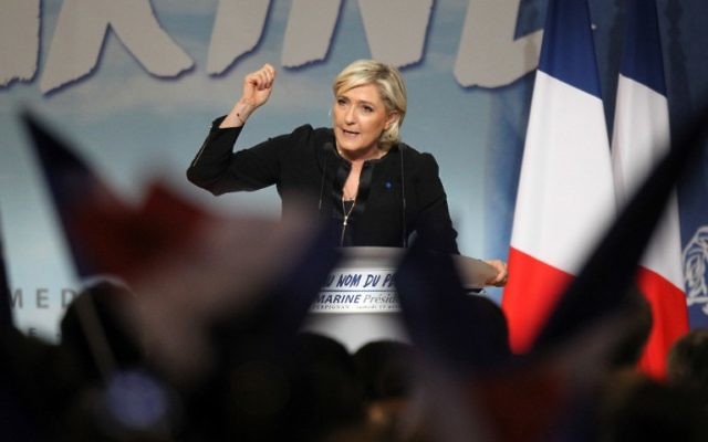 French presidential election candidate for the far-right Front National (FN) party, Marine Le Pen speaks during a campaign rally in Perpignan on April 15, 2017. (AFP/Raymond Roig) French presidential election candidate for the far-right Front National (FN) party, Marine Le Pen speaks during a campaign rally in Perpignan on April 15, 2017. (AFP/Raymond Roig)