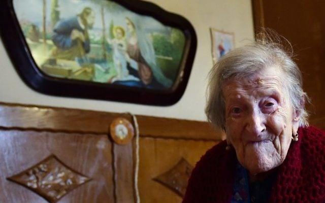 In this file photo taken on May 14, 2016 shows Emma Morano, then 116, posing for an AFP photographer in Verbania, northern Italy, on May 14, 2016. (AFP Photo/Olivier Morin)