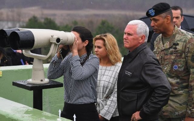 US Vice President Mike Pence (2nd R) visits Observation Post Ouellette with his daughters (L) near the truce village of Panmunjom in the Demilitarized Zone (DMZ) on the border between North and South Korea on April 17, 2017. (AFP PHOTO / JUNG Yeon-Je) US Vice President Mike Pence (2nd R) visits Observation Post Ouellette with his daughters (L) near the truce village of Panmunjom in the Demilitarized Zone (DMZ) on the border between North and South Korea on April 17, 2017. (AFP PHOTO / JUNG Yeon-Je)
