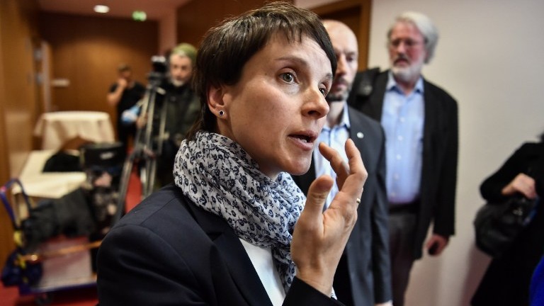Frauke Petry, co-leader of Germany's right-wing populist AfD party (Alternative for Germany), leaves a press conference on April 18, 2017 in Berlin. (AFP Photo/John Macdougall Frauke Petry, co-leader of Germany's right-wing populist AfD party (Alternative for Germany), leaves a press conference on April 18, 2017 in Berlin. (AFP Photo/John Macdougall