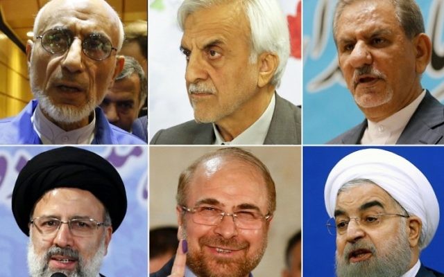 The contenders for Iran's upcoming presidential elections: (top L-R) Head of the Islamic Coalition Party's Central Council Mostafa Mirsalim; former minister Mostafa Hashemitaba; Iran's first Vice-President, Eshaq Jahangiri; (bottom L-R) cleric, Ebrahim Raisi; Mohammad Bagher Ghalibaf, Mayor of Tehran, and President Hassan Rouhani. (AFP/Atta Kenare) The contenders for Iran's upcoming presidential elections: (top L-R) Head of the Islamic Coalition Party's Central Council Mostafa Mirsalim; former minister Mostafa Hashemitaba; Iran's first Vice-President, Eshaq Jahangiri; (bottom L-R) cleric, Ebrahim Raisi; Mohammad Bagher Ghalibaf, Mayor of Tehran, and President Hassan Rouhani. (AFP/Atta Kenare)