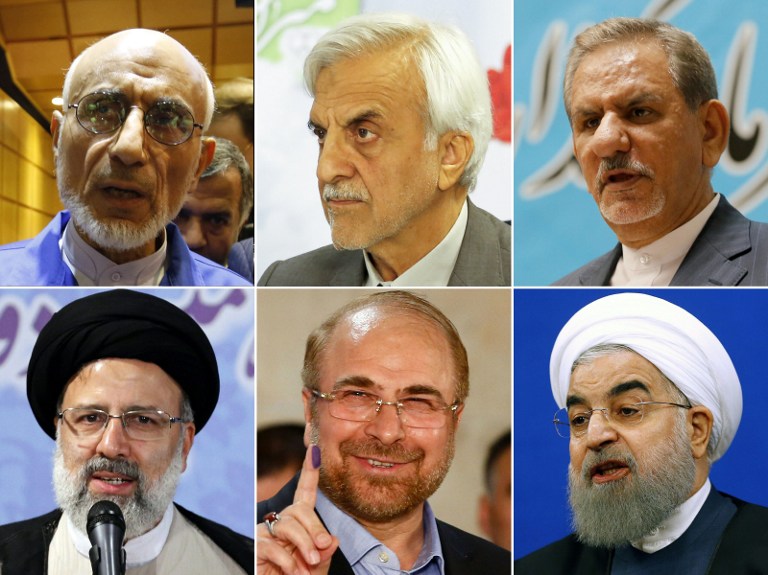 The contenders for Iran's upcoming presidential elections: (top L-R) Head of the Islamic Coalition Partys Central Council and former Minister of Culture, Mostafa Mirsalim; former Iranian minister Mostafa Hashemitaba; Iran's first Vice-President, Eshaq Jahangiri; (bottom L-R) Iranian cleric and head of the Imam Reza charitable foundation, Ebrahim Raisi; Mohammad Bagher Ghalibaf, Mayor of Tehran, and Iranian President Hassan Rouhani. (AFP PHOTO / ATTA KENARE) The contenders for Iran's upcoming presidential elections: (top L-R) Head of the Islamic Coalition Partys Central Council and former Minister of Culture, Mostafa Mirsalim; former Iranian minister Mostafa Hashemitaba; Iran's first Vice-President, Eshaq Jahangiri; (bottom L-R) Iranian cleric and head of the Imam Reza charitable foundation, Ebrahim Raisi; Mohammad Bagher Ghalibaf, Mayor of Tehran, and Iranian President Hassan Rouhani. (AFP PHOTO / ATTA KENARE)