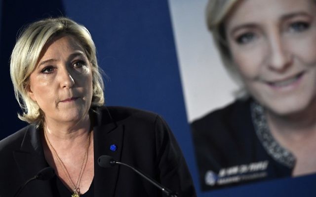 French presidential election candidate for the far-right National Front party Marine Le Pen speaks during a press conference at her campaign headquarters in Paris, April 21, 2017. (AFP/Lionel Bonaventure) French presidential election candidate for the far-right National Front party Marine Le Pen speaks during a press conference at her campaign headquarters in Paris, April 21, 2017. (AFP/Lionel Bonaventure)