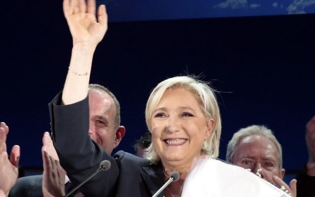 French presidential election candidate for the far-right Front National (FN) party Marine Le Pen delivers a speech in Henin-Beaumont, on April 23, 2017, after the first round of the Presidential election. AFP/ joel SAGET)