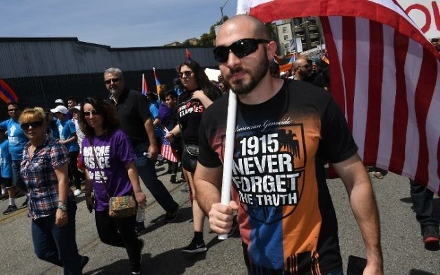 Thousands of members of the Armenian community march to the Turkish Consulate on April 24, 2017 in Los Angeles, California, on the 102nd anniversary of the Armenian genocide. (AFP Photo/Mark Ralston)