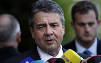 German Foreign Minister Sigmar Gabriel gives press conference at a hotel in Jerusalem on April 25, 2017. (Thomas Coex/AFP)