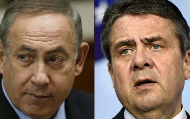This combination of pictures created on April 25, 2017 shows Prime Minister Benjamin Netanyahu (L) attending a cabinet meeting in Jerusalem on March 16, 2017, and German Foreign Minister Sigmar Gabriel during a joint press conference on April 5, 2017 at the EU headquarters in Brussels. (Amir Cohen and John Thys/AFP) This combination of pictures created on April 25, 2017 shows Prime Minister Benjamin Netanyahu (L) attending a cabinet meeting in Jerusalem on March 16, 2017, and German Foreign Minister Sigmar Gabriel during a joint press conference on April 5, 2017 at the EU headquarters in Brussels. (Amir Cohen and John Thys/AFP)