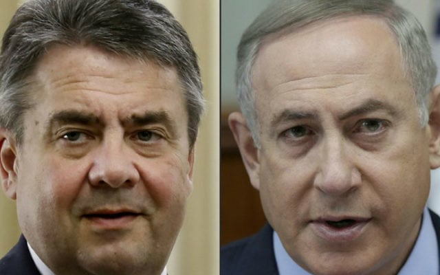 This combination of pictures created on April 25, 2017 shows German Foreign Minister Sigmar Gabriel (L) on April 25, 2017 and Israeli Prime Minister Benjamin Netanyahu during the weekly cabinet meeting in Jerusalem on March 5, 2017. (GALI TIBBON, ABIR SULTAN / EPA POOL / AFP) This combination of pictures created on April 25, 2017 shows German Foreign Minister Sigmar Gabriel (L) on April 25, 2017 and Israeli Prime Minister Benjamin Netanyahu during the weekly cabinet meeting in Jerusalem on March 5, 2017. (GALI TIBBON, ABIR SULTAN / EPA POOL / AFP)