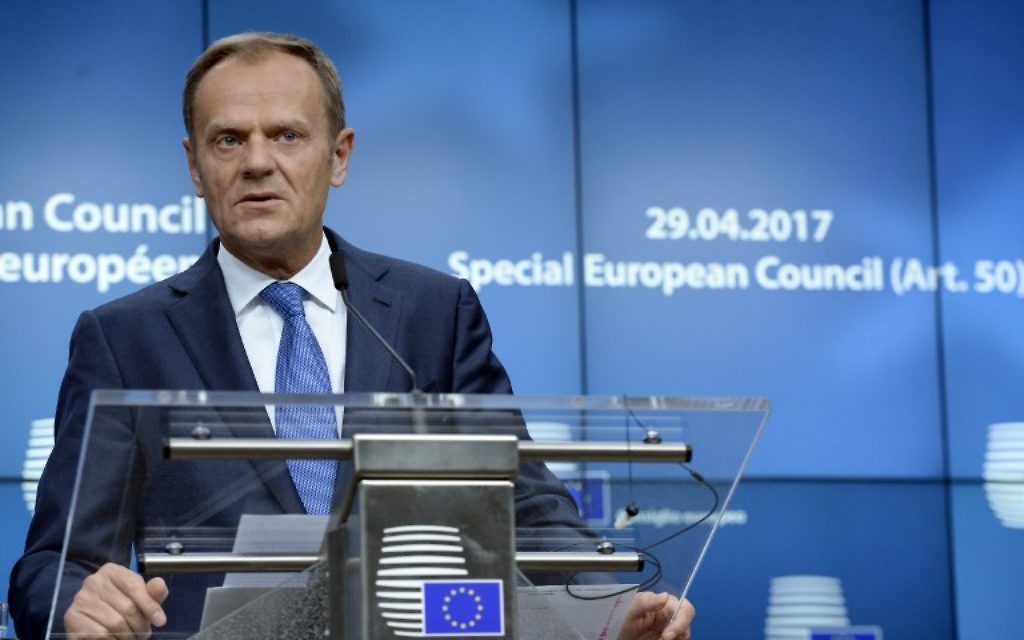 European Union Council President Donald Tusk gives a press conference following a Special Meeting of the European Council at the EU Council building in Brussels on April 29, 2017. (AFP/THIERRY CHARLIER)