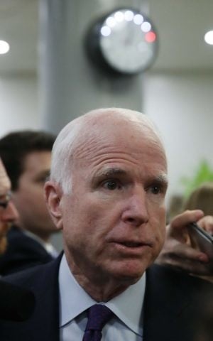 WASHINGTON, DC - MARCH 28: Sen. John McCain (R-AZ) speaks to reporters before attending the Senate Republican policy luncheon, in Washington, DC, March 28, 2017. (Mark Wilson/Getty Images/AFP) WASHINGTON, DC - MARCH 28: Sen. John McCain (R-AZ) speaks to reporters before attending the Senate Republican policy luncheon, in Washington, DC, March 28, 2017. (Mark Wilson/Getty Images/AFP)