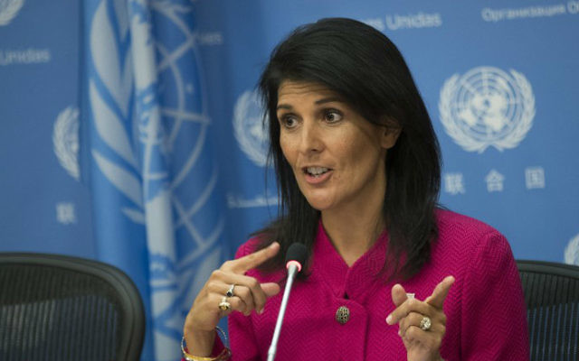 US Ambassador to the United Nation Nikki Haley answers questions during a press briefing at the United Nations headquarters, April 3, 2017 in New York City. (Drew Angerer/Getty Images via AFP) US Ambassador to the United Nation Nikki Haley answers questions during a press briefing at the United Nations headquarters, April 3, 2017 in New York City. (Drew Angerer/Getty Images via AFP)