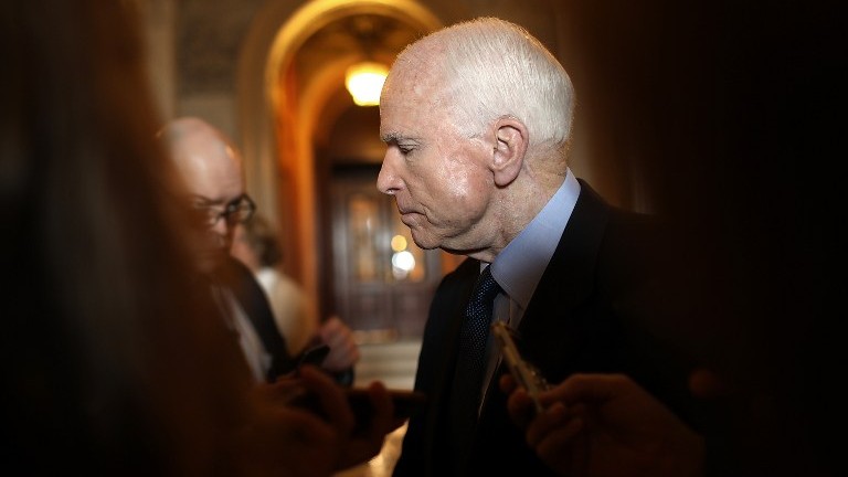 Sen. John McCain (R-AZ) answers questions at the US Capitol about the recent US attack in Syria on April 7, 2017. (Win McNamee/Getty Images/AFP) Sen. John McCain (R-AZ) answers questions at the US Capitol about the recent US attack in Syria on April 7, 2017. (Win McNamee/Getty Images/AFP)