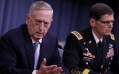 Defense Secretary James Mattis and General Joseph Votel, commander, US Central Command speak at a press conference at the Pentagon April 11, 2017 in Washington, DC. Mattis discussed the recent airstrikes against Syria. (Aaron P. Bernstein/Getty Images/AFP)