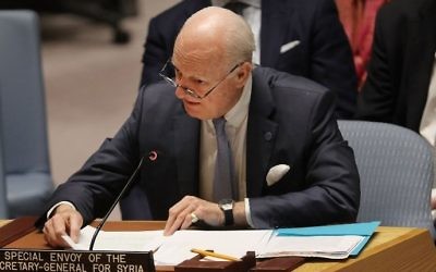 United Nation Special Envoy for Syria Staffan de Mistura speaks at a UN Security Council meeting on the situation in the Middle East, held at the UN headquarters in New York City, April 12, 2017. (Spencer Platt/Getty Images/AFP)