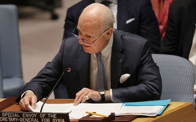 United Nation Special Envoy for Syria Staffan de Mistura speaks at a UN Security Council meeting on the situation in the Middle East, held at the UN headquarters in New York City, April 12, 2017. (Spencer Platt/Getty Images/AFP)