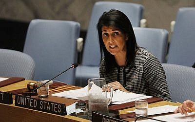 US Ambassador to the United Nations Nikki Haley speaks at a United Nations Security Council meeting on the situation in the Middle East, at the UN headquarters in New York City, April 12, 2017. (Spencer Platt/Getty Images/AFP)
