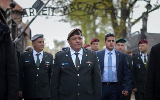 IDF Chief Lt. Gen. Gadi Eisenkot leads a military delegation to the Auschwitz-Birkenau concentration camp in Poland on April 23, 2017, ahead of Holocaust Remembrance Day. (IDF Spokesperson's Unit)