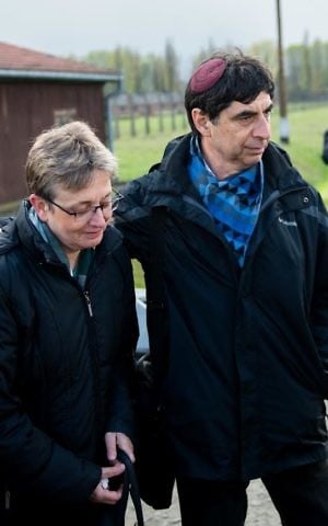Prof. Simcha and Lea Goldin, the parents of Lt. Hadar Goldin whose body is believed to be held by Hamas in the Gaza Strip, visit the Auschwitz-Birkenau concentration camp in Poland on April 23, 2017, ahead of Holocaust Remembrance Day. (IDF Spokesperson's Unit)